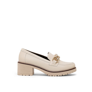 Beige Leather Mid-Heel Loafers with Chain Detail