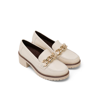Beige Leather Mid-Heel Loafers with Chain Detail