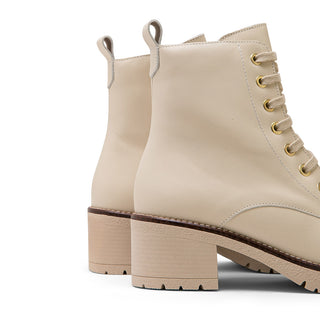 Cream Leather Mid Heel Combat boots