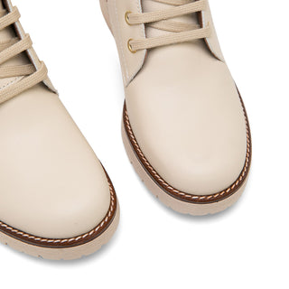 Cream Leather Mid Heel Combat boots