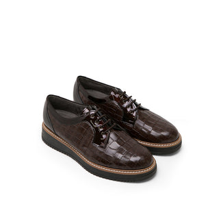 Dark Brown Croc-Embossed Leather Platform shoes with Lace-up
