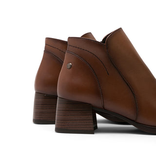 Brown Leather Low-Heel Boots with V-Cut
