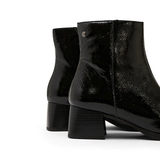 Black Patent Leather Mid-Heel Boots with Horsebit