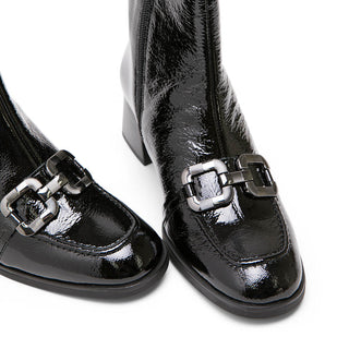 Black Patent Leather Mid-Heel Boots with Horsebit