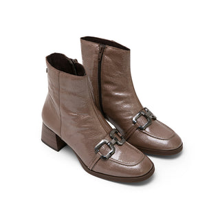Light Brown Patent Leather Mid-Heel Boots with Horsebit