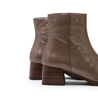 Light Brown Patent Leather Mid-Heel Boots with Horsebit