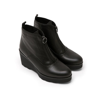 Black Leather Wedge Ankle Boots with Front Zip