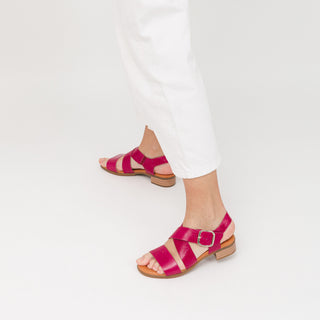 Fuchsia Leather Flat Sandals with Crossover Strap