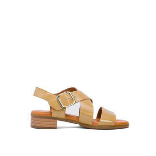 Tan Brown Leather Flat Sandals with Crossover Strap