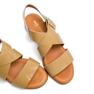 Tan Brown Leather Flat Sandals with Crossover Strap