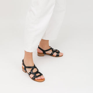 Black Leather Flat Sandals with Crossover Designed