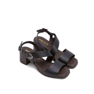 Black Leather Heeled Sandals with Asymmetrical Strap