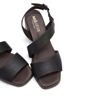 Black Leather Heeled Sandals with Asymmetrical Strap