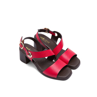 Red Leather Heeled Sandals with Asymmetrical Strap