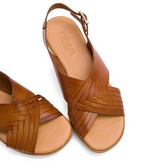 Brown Leather Wedge with Woven Strap