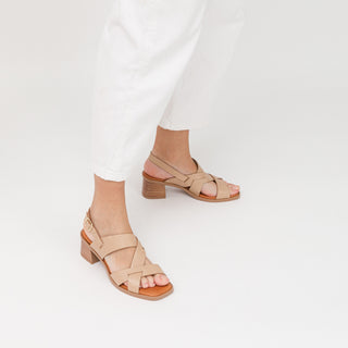 Beige Leather Heeled Sandals with Slingback