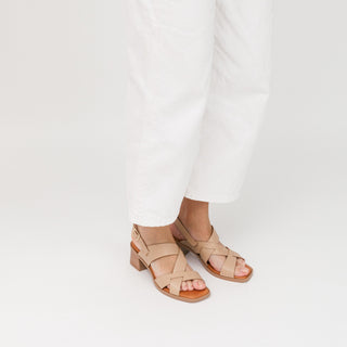 Beige Leather Heeled Sandals with Slingback