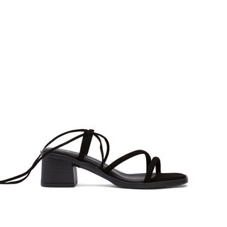 Black Leather Heeled Sandals with Lace-Up