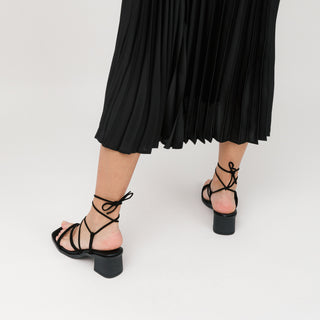 Black Leather Heeled Sandals with Lace-Up