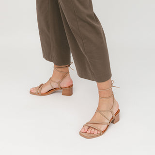 Tan Brown Leather Heeled Sandals with Lace-Up
