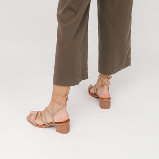 Tan Brown Leather Heeled Sandals with Lace-Up