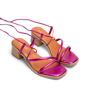 Metal Fuchsia Leather Heeled Sandals with Lace-Up