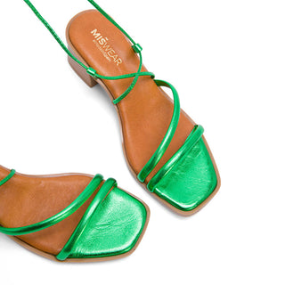 Metal Green Leather Heeled Sandals with Lace-Up