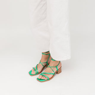 Metal Green Leather Heeled Sandals with Lace-Up