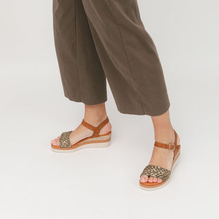 Khaki Leather Wedge with Braided Embossed