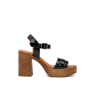 Black Leather Block Heel Sandals with Braided Strap