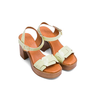 Pearl Green Leather Block Heel Sandals with Braided Strap