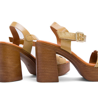 Tan Brown Leather Block Heel Sandals with Braided Strap