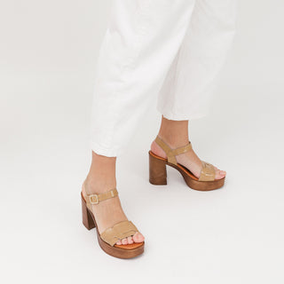 Tan Brown Leather Block Heel Sandals with Braided Strap