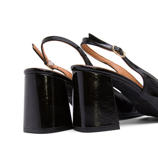 Black Leather Slingback Loafer Pumps with Chain-Embellished