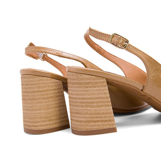 Tan Brown Leather Slingback Pumps with Chunky Heeled