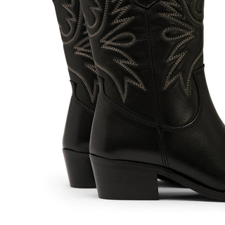 Black Leather Mid-Calf Boots with Motif