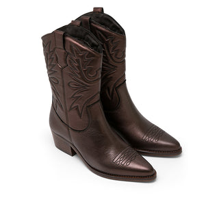 Antique Bronze Leather Mid-Calf Boots with Motif