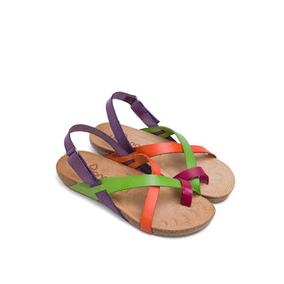 Multi-Color Leather Flat Sandals with Scratch Straps