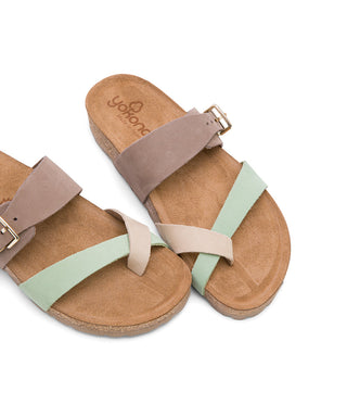 Pale Green Leather Slide Sandals with Buckle Strap