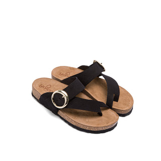 Black Leather Slide Sandals with Buckle Strap