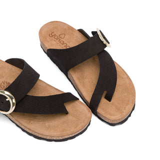 Black Leather Slide Sandals with Buckle Strap