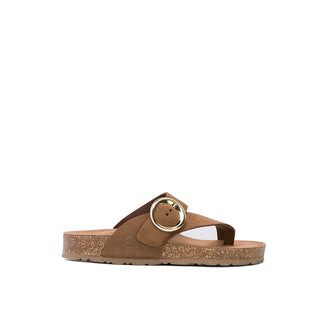 Tan Brown Leather Slide Sandals with Buckle Strap
