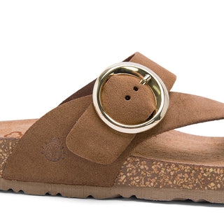 Tan Brown Leather Slide Sandals with Buckle Strap