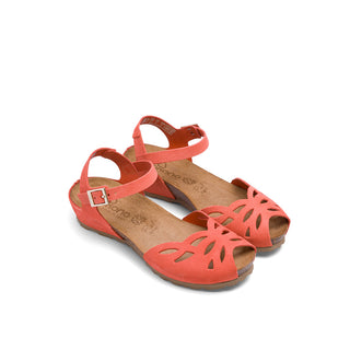 Coral Leather Flat Sandals with Peep Toe